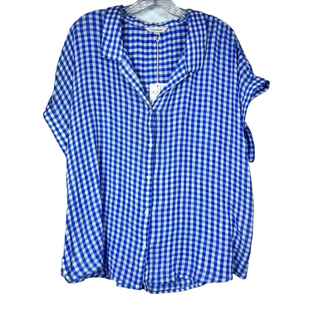 NWT LUCKY BRAND Sz XL Top Royal Blue Gingham Button Up Boxy S/S Camp Gauzy New